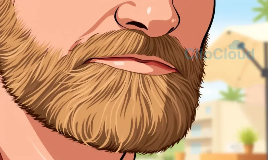 A close-up illustration of a man's face with a beard. The beard is shown with varying shades of light brown and blonde highlights, suggesting sun exposure. The skin tone is light to medium. The background is a soft, blurred depiction of a sunny outdoor scene.