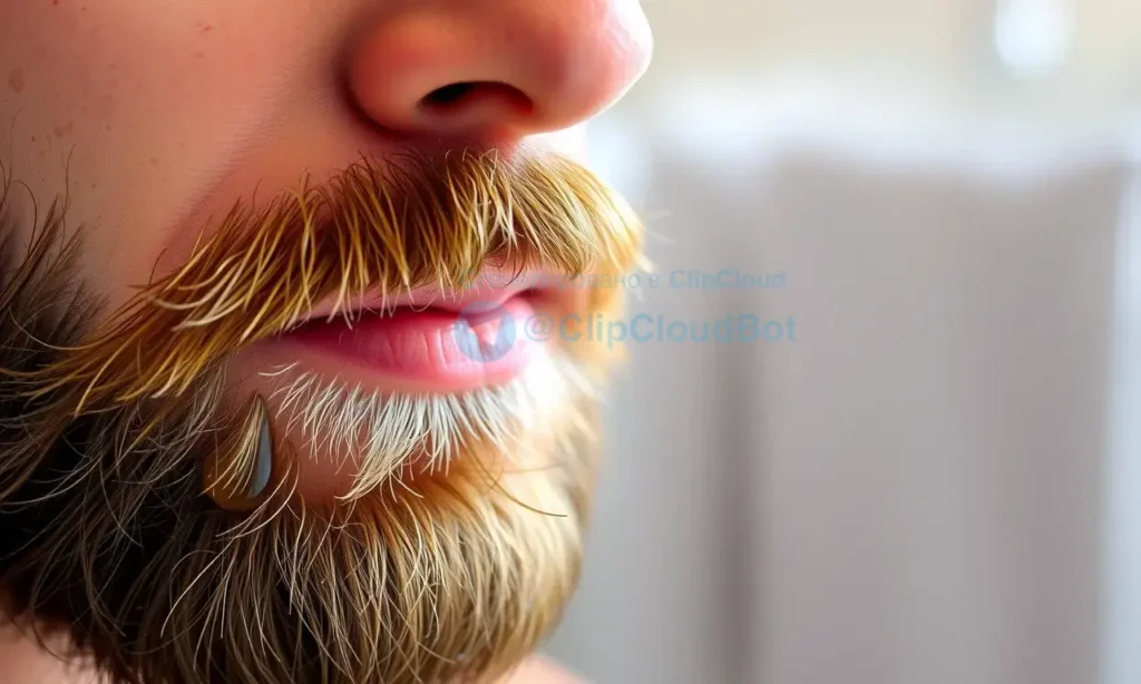 A close-up of a man's well-groomed beard, freshly cleaned with no wax residue. The beard appears smooth, shiny, and free of buildup, with gentle water droplets and a light steam effect suggesting a recent wash. The background is softly blurred, hinting at a bathroom setting with a towel or sink, but keeping the focus entirely on the clean beard.