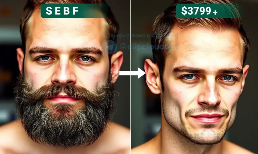 A man with a neatly trimmed beard, showing the contrast between a full beard and a clean-shaven face, in a realistic and detailed style, with a focus on facial hair growth and the effects of shaving