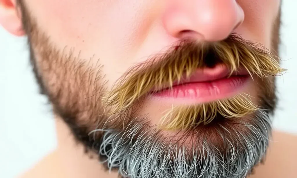A close-up of a man's face with a beard, showing the skin underneath the beard that appears tight and slightly red, indicating discomfort. The focus should be on the skin texture and subtle signs of irritation or dryness. The beard should be well-groomed but not overly styled, with natural hair texture.