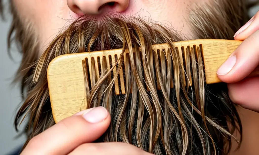 A close-up of a well-groomed man's beard being gently combed with a wide-tooth wooden comb, showing smooth strands without knots, soft natural lighting, realistic texture, neutral background