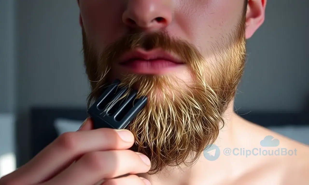 A close-up of a man's face just after waking up, showing a slightly disheveled, uneven beard with stray hairs sticking out. The man is holding a beard comb in one hand, gently smoothing the beard, with a soft morning light illuminating his face. The background is a simple, blurred bedroom setting, focusing on the grooming process.