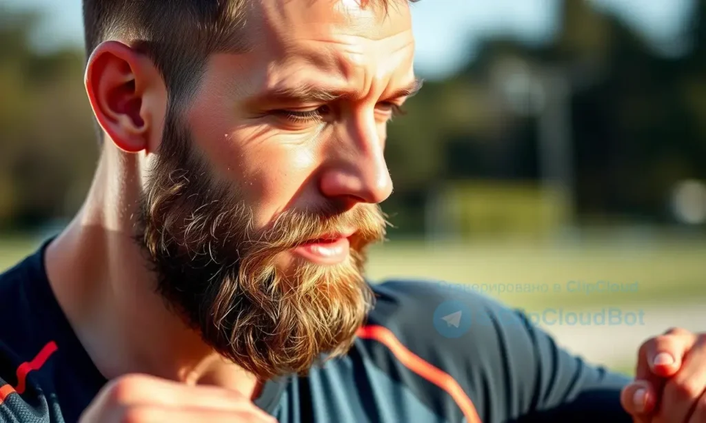 A man with a well-groomed beard exercising outdoors, sweat on his face, wearing a sports outfit, with a focus on facial hair care during physical activity, clean and fresh appearance, natural lighting, realistic style