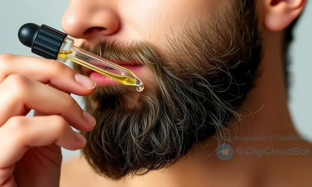 A close-up, high-quality shot of a man with a well-groomed beard applying a few drops of clear beard oil from a small glass dropper bottle onto his skin. The focus is on the texture of the beard and the clarity of the oil, suggesting a product suitable for sensitive or acne-prone skin. The background is a soft, neutral blur to keep attention on the subject.