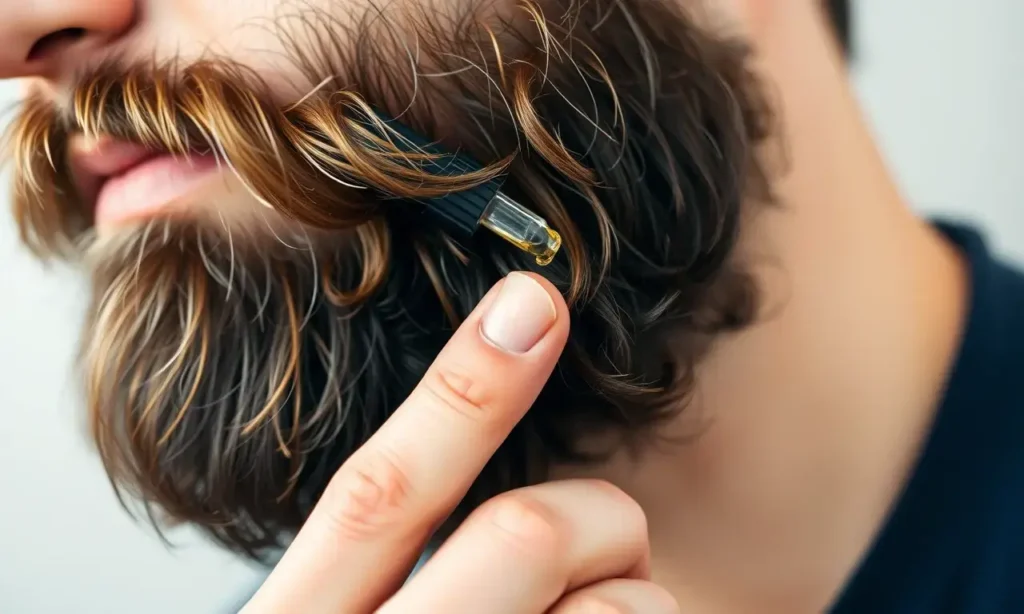 A high-quality, close-up shot of a well-groomed man with a full, healthy beard. He is gently applying a few drops of beard oil from a small, elegant glass dropper bottle onto his beard. The focus is on the texture of the beard and the application of the oil, conveying a sense of care and routine. The background is a soft, neutral blur to keep the attention on the subject.