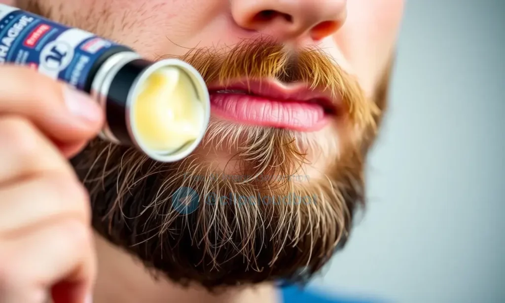 A close-up shot of a man's beard with a small amount of beard wax being applied to it. The beard should look well-groomed and slightly styled. Focus on the texture of the beard and the wax.