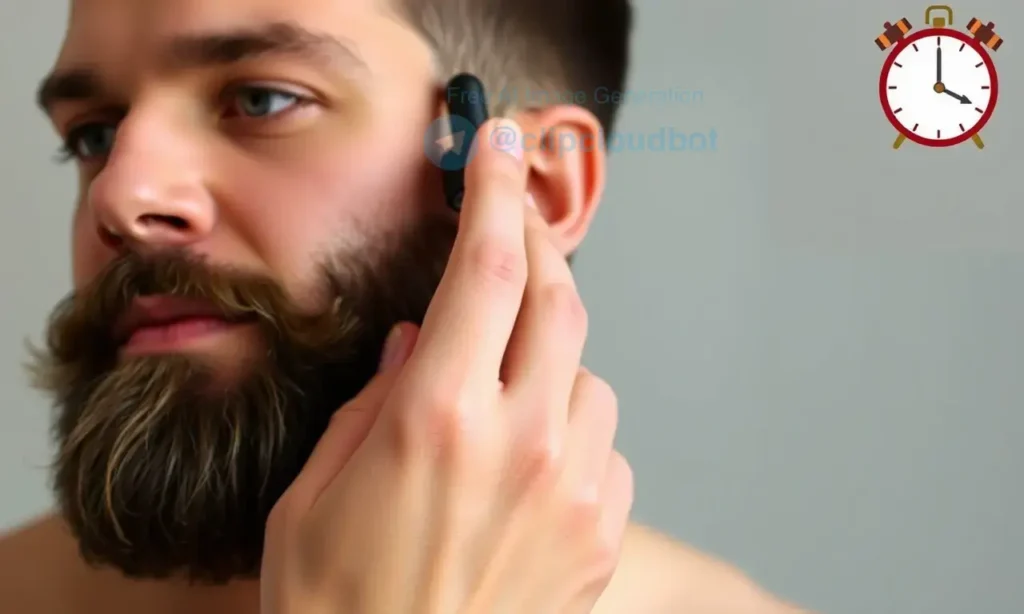 A well-groomed man with a thick, healthy beard gently applying beard oil using a dropper, a subtle clock or calendar icon in the background indicating regular but not excessive application, showing smooth skin and shiny, nourished beard strands, with a calm, natural lighting setting.