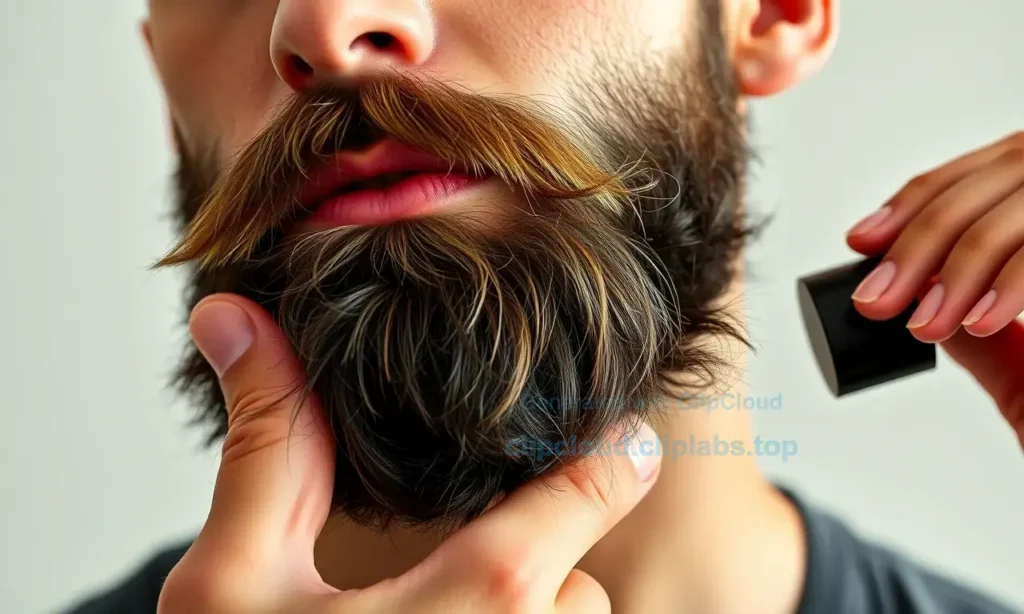 A high-quality, close-up shot of a man with a well-groomed, full beard applying beard balm. The focus is on the texture of the beard and the smooth, moisturized finish. The lighting is soft and warm, highlighting the natural tones of the hair and skin. The background is a clean, neutral studio setting to keep the focus on the product and the grooming process.
