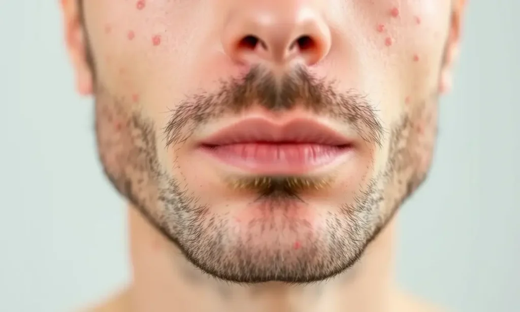 A close-up of a man's face showing the skin under a short beard with visible acne and redness, focusing on the jawline and chin area, with soft natural lighting, realistic skin texture, no facial hair covering the affected areas, emphasizing irritation and breakouts, in a dermatological context