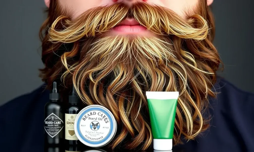 A well-groomed beard with oily roots and dry ends, showcasing the contrast between the shiny, greasy base and the dry, possibly flaky tips. The beard should be styled neatly, highlighting the need for proper care. Include a variety of beard care products such as beard oil, balm, and conditioner placed around the beard to suggest the best products for maintaining healthy beard hair.