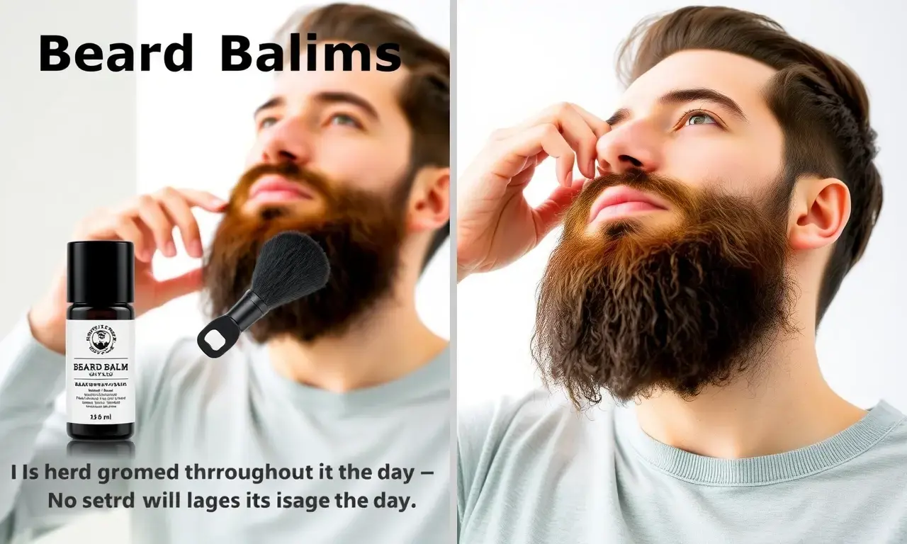 A man applying beard balm to his beard, showing the product being worked into the hair and skin. The beard should appear well-groomed and maintained throughout the day, with no signs of the balm losing its shape or effectiveness. Include a clean, modern background to emphasize the product's daily use and effectiveness.