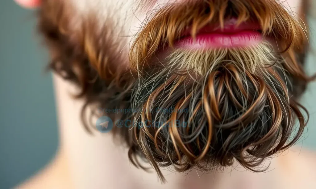 A close-up shot of a man's beard after it has been recently styled. The beard appears slightly messy and unkempt, with some strands falling loose. The lighting should be natural and highlight the texture of the beard.