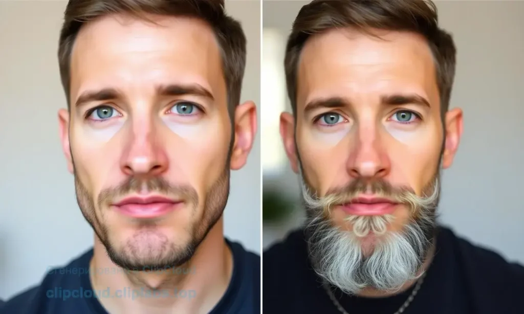 A split-screen comparison image showing a man's face. The left side depicts the skin and beard of a man in his 20s, appearing smooth, hydrated, and with a well-defined, healthy beard. The right side shows the same man in his 30s, with visible signs of aging such as fine lines, slightly drier skin texture, and a beard that may appear slightly coarser or require more maintenance. The image should illustrate the natural changes in facial skin and hair as a person transitions from their 20s to their
