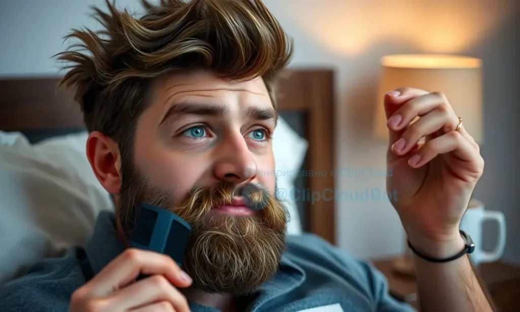 A close-up of a man just waking up, his beard looking unruly and sticking up, with a soft morning light highlighting the texture of the hair. He is holding a beard comb in one hand, looking slightly amused, while a small bedside lamp and a coffee mug are visible in the background, suggesting a typical morning routine. The scene conveys the common problem of a messy beard after sleep and the intention to groom it.