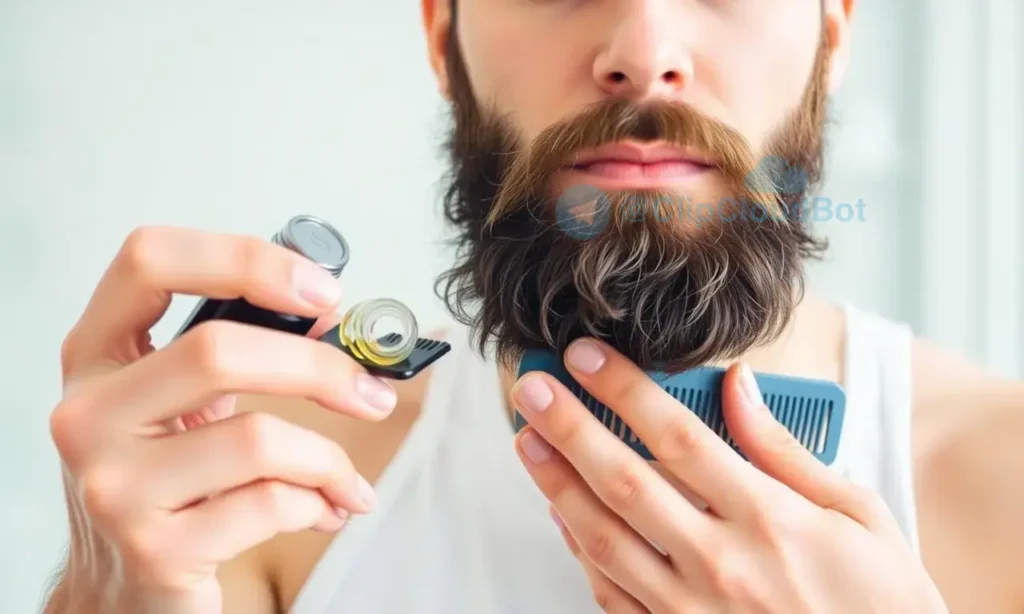 A man grooming his beard with proper care, showing healthy skin and a well-maintained beard. Include elements like beard oil, comb, and clean hands. Depict a clean, well-lit environment with natural lighting to emphasize hygiene and proper grooming techniques.