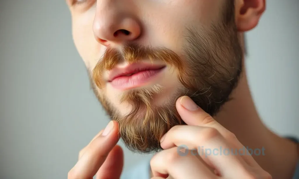 A close-up portrait of a man with a newly grown beard, showing signs of itchiness. The man is gently scratching his beard with a thoughtful expression. The beard is short and stubbly, indicating it is in the early stages of growth. The background is neutral and blurred to keep the focus on the man's face and beard.