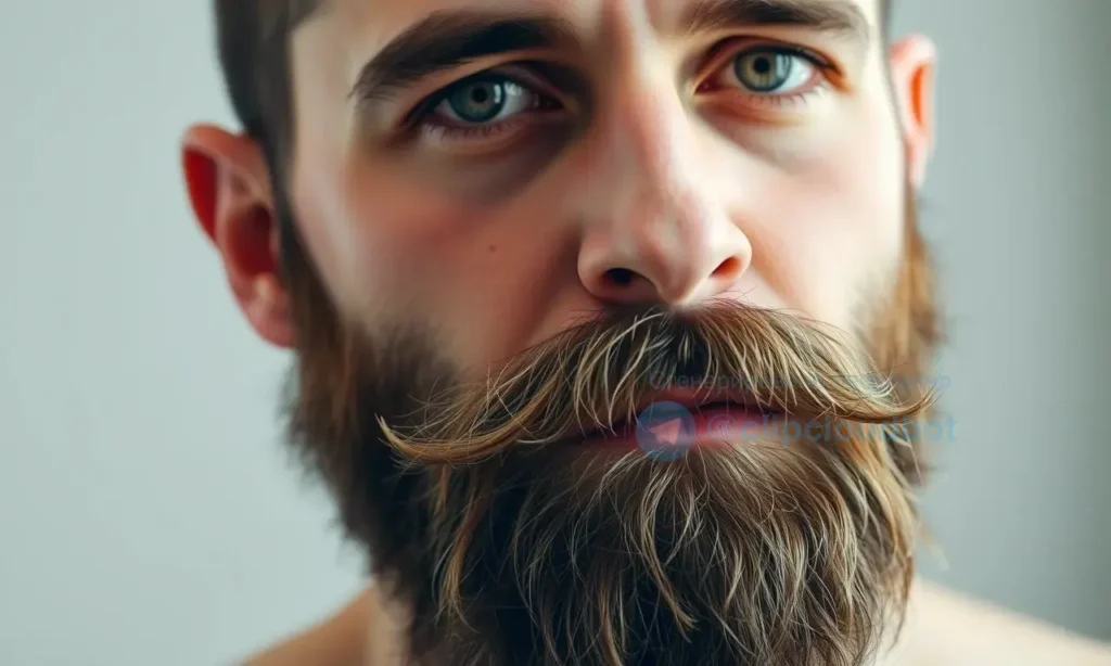 A close-up portrait of a man with a full, slightly unkempt beard. The beard should appear healthy and textured, with visible strands of hair. The lighting should be soft and natural, highlighting the beard's depth and color. The man's expression should be neutral and relaxed. Focus on the beard's texture and appearance, emphasizing its natural state after washing. The background should be blurred and indistinct, drawing attention to the beard.