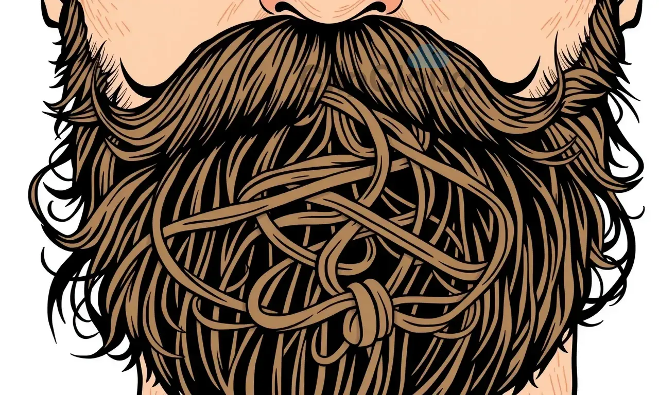 A close-up illustration showing a man's tangled beard with visible knots and clumps, demonstrating the problem of a confused and knotted beard, with clear visual focus on the tangled hair strands