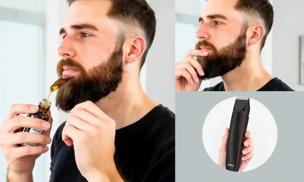 A well-groomed man with a short beard, showcasing proper beard care techniques. The image should depict the man using beard oil or balm, a beard brush, and a trimmer to maintain his beard. The setting should be clean and modern, emphasizing the importance of hygiene and grooming.
