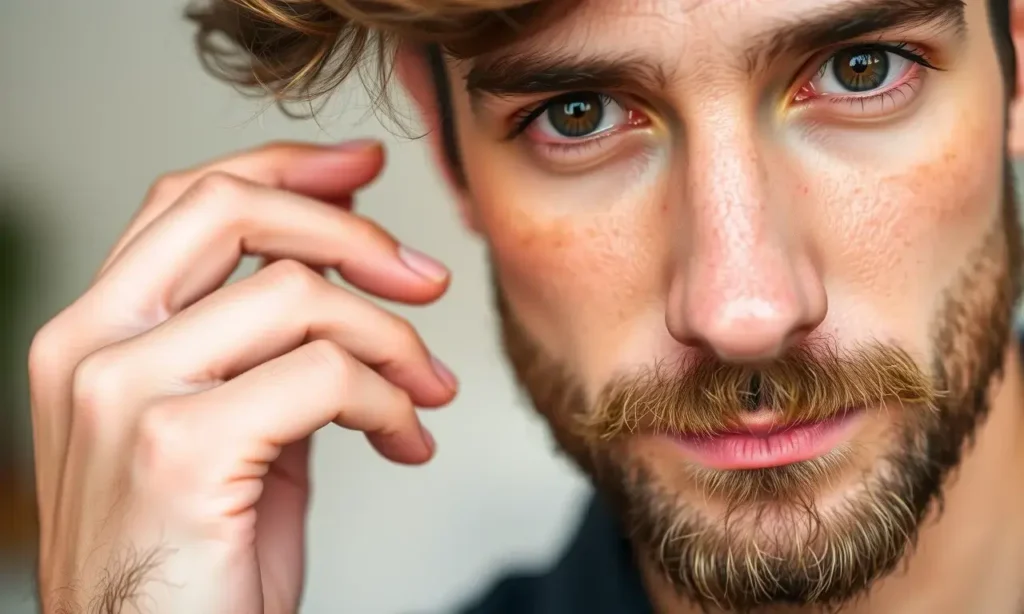 A close-up of a man with a newly grown beard, showing the texture and slight redness of the skin underneath. The beard is short and stubbly, indicating it is in the early stages of growth. The man is gently touching his beard, looking thoughtful, with a neutral expression. The background is blurred to keep the focus on the beard and the man's face.