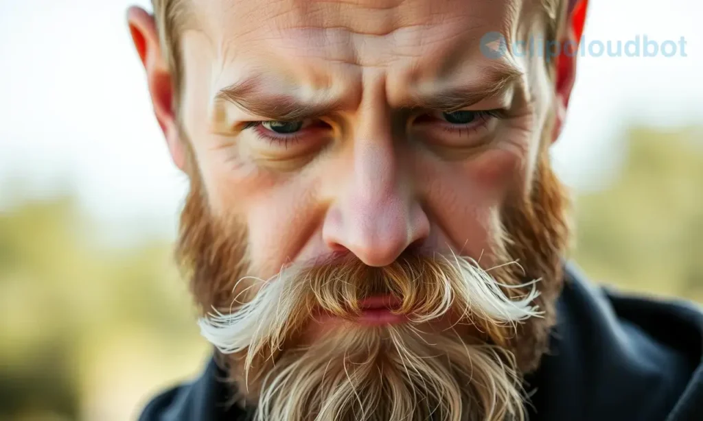 A close-up, high-quality photograph of a man's face, focusing on his beard. The beard shows a clear gradient of color, with the roots being dark and the tips significantly lighter and bleached, illustrating the effect of sun exposure. The man has a neutral, slightly concerned expression. The background is a soft, out-of-focus natural setting, suggesting an outdoor environment.