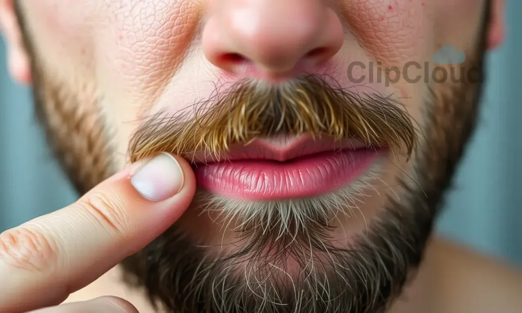 A close-up of a man's face showing new beard growth with visible skin irritation and redness, focusing on the texture of short, coarse hairs emerging from follicles, with subtle signs of itching such as slight scratching motion of fingers near the jawline, soft natural lighting, realistic skin pores and hair detail, no text or symbols