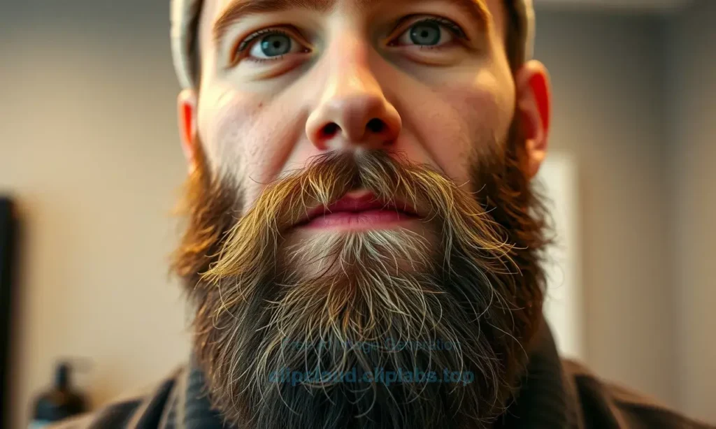 A close-up, high-quality portrait of a man with a well-groomed, thick beard, looking directly at the camera with a confident and calm expression. The lighting is soft and warm, highlighting the texture and health of the beard. The background is a blurred, neutral indoor setting, suggesting a premium grooming environment. The overall mood is one of care, confidence, and winter readiness.