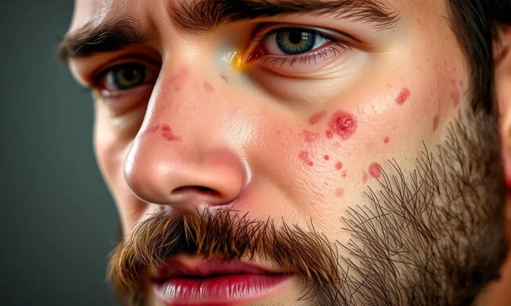A close-up of a man's face showing the skin under the beard with visible acne or pimples, natural lighting, realistic skin texture, no facial hair covering the affected area, focus on dermatological detail