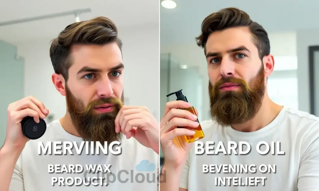 A well-groomed man with a neatly styled beard, showcasing the application of beard wax in the morning and beard oil in the evening. The image should depict the man applying the products, highlighting the different textures and effects of wax and oil on the beard. The setting should be a clean, modern bathroom with good lighting to emphasize the grooming process.
