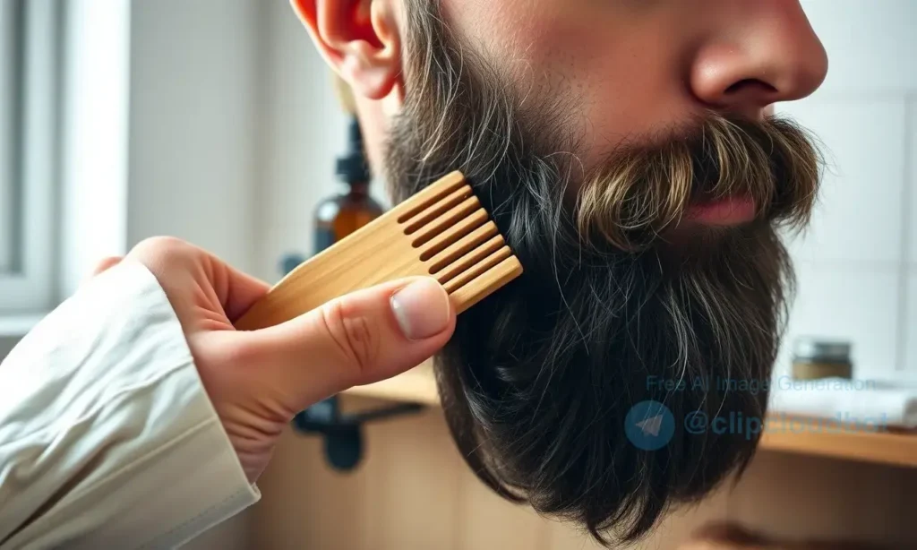 A close-up of a well-groomed beard with smooth, untangled strands, being gently combed with a wooden beard comb by a hand wearing a simple linen sleeve. Soft natural light from a window highlights the texture and shine of the facial hair. In the background, a wooden shelf holds beard oil, a boar bristle brush, and a small towel — all arranged neatly. The atmosphere is calm, hygienic, and masculine, emphasizing proper beard care without any text, symbols, or digits visible.
