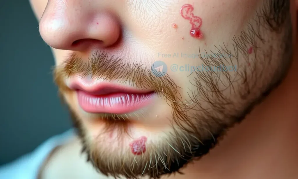A close-up of a man's face showing the skin under the beard with visible acne and redness, focusing on the jawline and chin area where facial hair grows, with subtle signs of irritation and inflammation, soft natural lighting, realistic skin texture, no makeup or filters