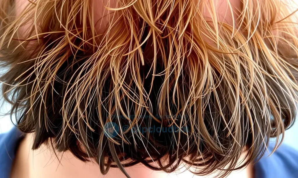 A close-up shot of a man's beard, showing individual strands with varying lengths and textures. Some strands are slightly raised and sticking out at different angles. The beard is well-groomed but not overly styled. Focus on the natural texture and fluffiness of the beard.