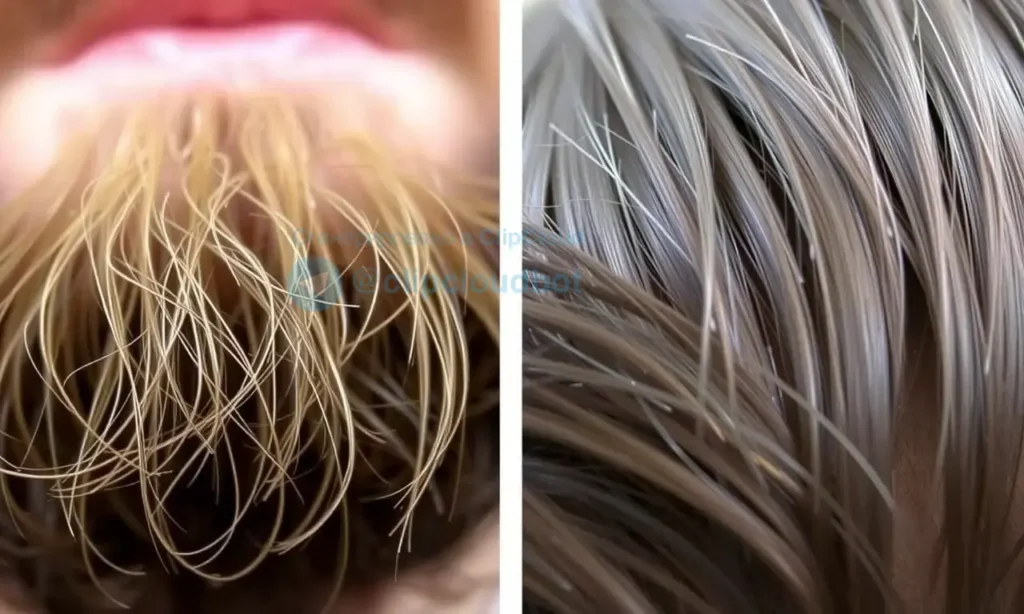 A close-up comparison of beard hair and scalp hair. The beard hair should appear thicker, coarser, and have a more tapered shape. The scalp hair should appear finer and softer. The background should be blurred, focusing attention on the hair textures.