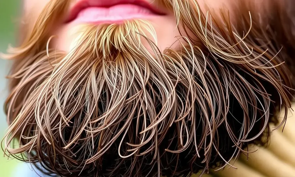 A close-up of a well-groomed beard with a visible contrast between the oily roots and dry ends. The beard should be depicted in a natural setting, possibly with a man's face partially visible. The image should highlight the texture and condition of the beard, emphasizing the difference in moisture levels from the roots to the tips.