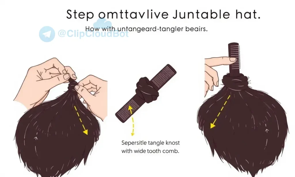 A clear, step-by-step illustration showing how to gently untangle a tangled beard without causing harm, featuring hands carefully separating knots with a wide-tooth comb or fingers, soft lighting, neutral background, and simple instructional labels