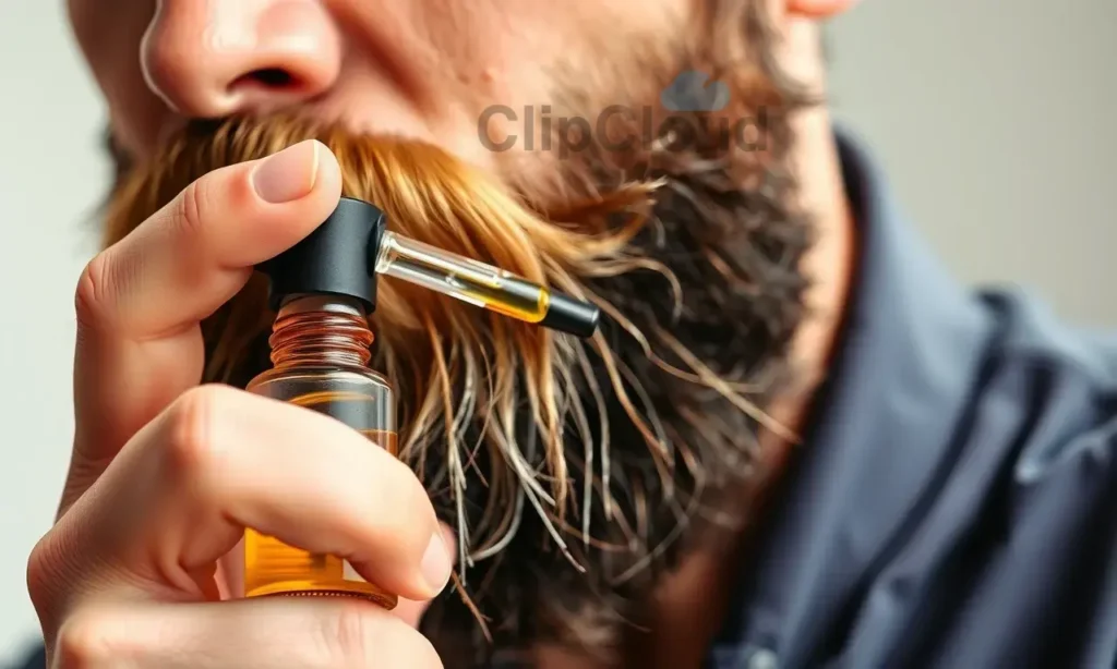 A high-quality, close-up shot of a man with a well-groomed beard applying beard oil. He is holding a small glass dropper bottle and carefully applying the oil to his beard. The focus is on the action of application, showing the texture of the beard and the oil. The background is softly blurred to keep the attention on the subject.