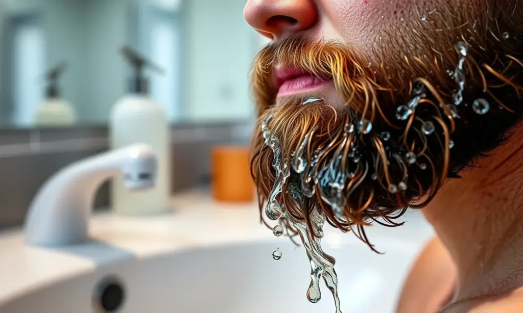 A close-up, high-quality shot of a man's beard being washed with water in a sink. The focus is on the clean, wet beard with water droplets, showing the removal of product residue. The background is a clean, modern bathroom setting. The image should convey freshness and proper grooming.