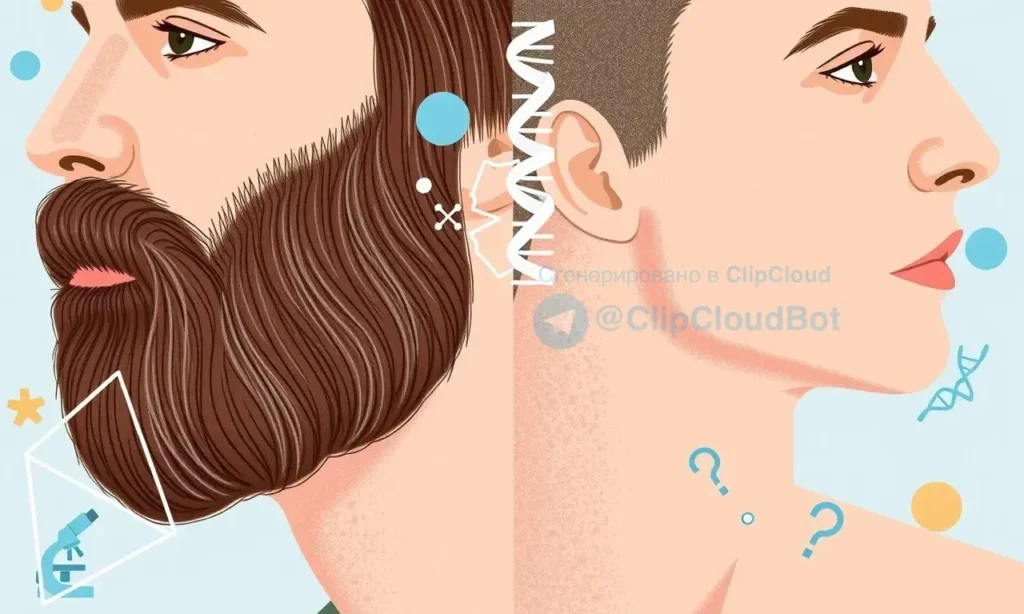 A split-screen illustration: on the left, a close-up of a man's face with a full, natural beard; on the right, the same man's face clean-shaven, showing smooth skin. Between the two halves, subtle scientific symbols such as a microscope, a DNA double helix, and a question mark are integrated into the background to suggest scientific inquiry. The composition is balanced, with no visible text, letters, or numbers, and the overall tone is neutral and informative.