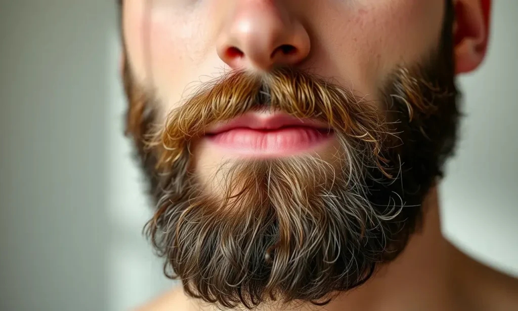A close-up of a man's face with a full beard, showing healthy, well-moisturized skin under and around the beard. The skin should appear smooth, hydrated, and free of dryness, flakiness, or irritation. Soft natural lighting highlights the texture of the beard and the condition of the skin. Background is neutral and unobtrusive.