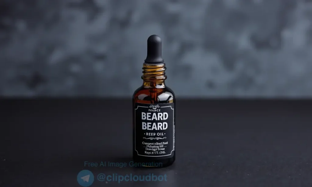 A clean, well-lit product shot of a high-quality beard oil bottle with a dropper, placed on a dark, textured surface. The background is softly blurred to emphasize the product. The overall aesthetic is professional, modern, and trustworthy, suitable for a beauty or grooming article.