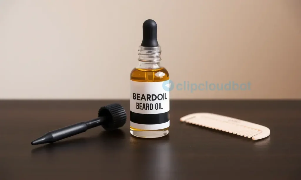A clean, well-lit product shot of a small glass bottle of beard oil with a dropper cap, placed on a dark wooden surface. Next to it are a few drops of the oil and a small, clean beard comb. The background is a soft, out-of-focus neutral color to emphasize the product. The overall aesthetic is modern, minimalist, and professional, suitable for a beauty or grooming blog.