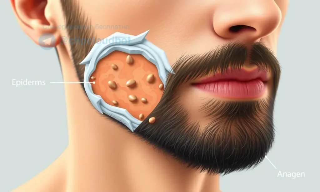 A close-up illustration of a man's face after shaving, showing the skin surface and detailed hair follicles in the beard area. The image should depict the skin layers (epidermis, dermis) with visible hair follicles in various stages of growth, including some follicles in the anagen phase. The composition should highlight the contrast between a freshly shaved area and a region where beard hair is beginning to grow, using subtle shading and realistic textures to convey the physiological process of