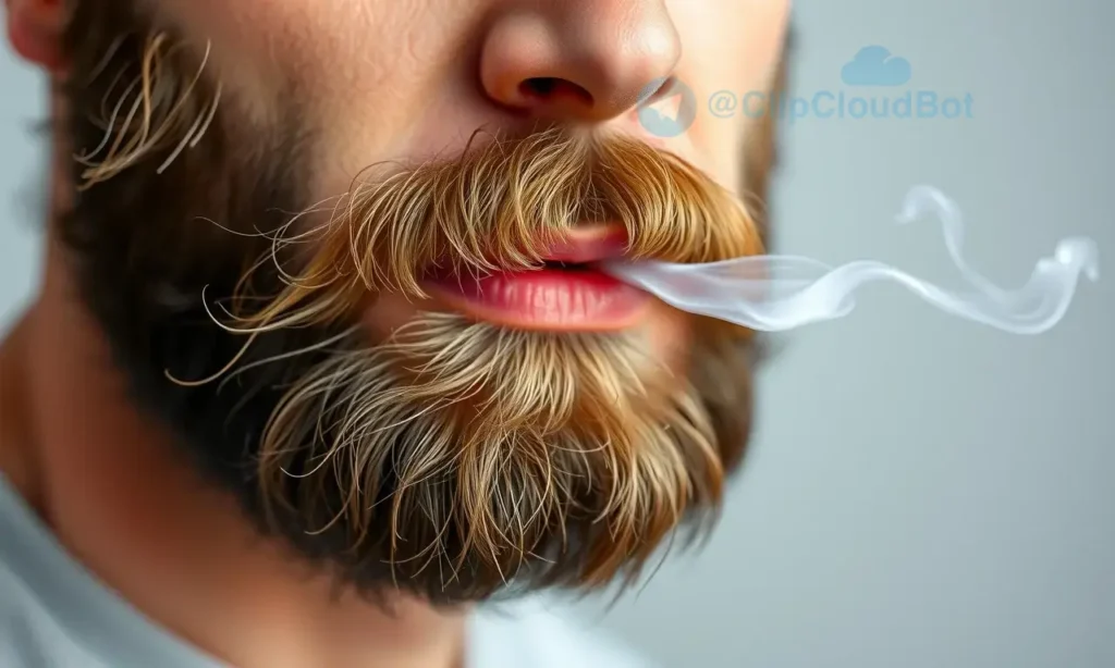 A close-up of a man's beard with visible smoke-like wisps rising from it, showing a subtle haze that suggests tobacco odor, with a clean, well-groomed beard texture and neutral background