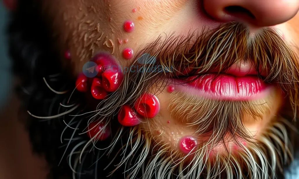 A close-up of a man's face with a full beard, showing red, inflamed pimples and acne on the skin beneath the beard, with visible irritation and clogged pores; the skin looks oily and sensitive, with a few stray beard hairs overlapping the affected area; soft natural lighting, realistic skin texture, medical illustration style but photorealistic, no text, no labels, no symbols