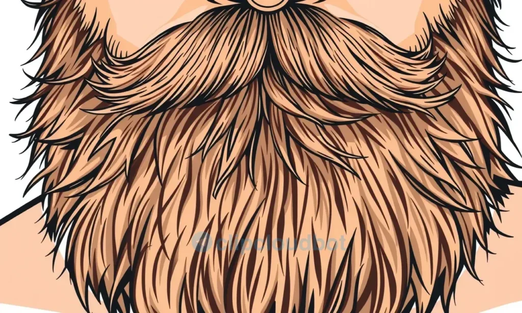 A close-up, detailed illustration of a man's beard, showing its texture, density, and various directions of growth. Focus on the individual hairs and how they naturally point in different ways. The beard should appear full and somewhat untamed, with a mix of light and dark brown tones.