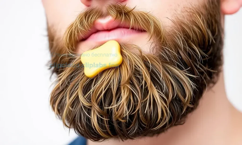 A close-up of a man's beard with beard wax applied, showing the wax holding the beard in a neat, styled shape throughout the day. The background is clean and minimal, focusing on the beard and wax texture. Include subtle details like a comb or grooming tools nearby to emphasize proper application techniques.