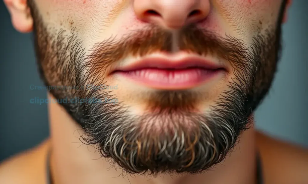 A close-up, high-quality photograph of a man's lower face and neck, focusing on the skin beneath a well-groomed beard. The skin should appear healthy, hydrated, and smooth, with no visible signs of flaking, redness, or irritation. The lighting should be soft and natural, highlighting the texture of the skin and the beard. The overall mood should be one of cleanliness and well-being, illustrating the result of proper skincare.