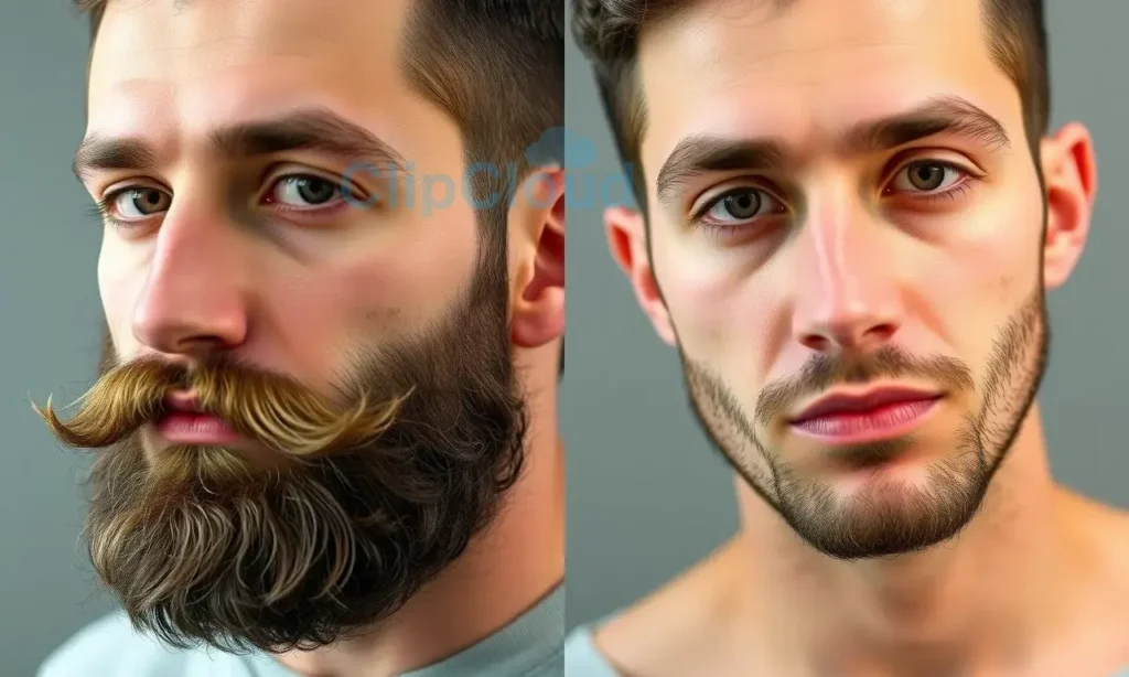 A man with a neatly trimmed beard, showing the contrast between a full beard and a clean-shaven face, in a realistic style, with a focus on facial hair growth and grooming