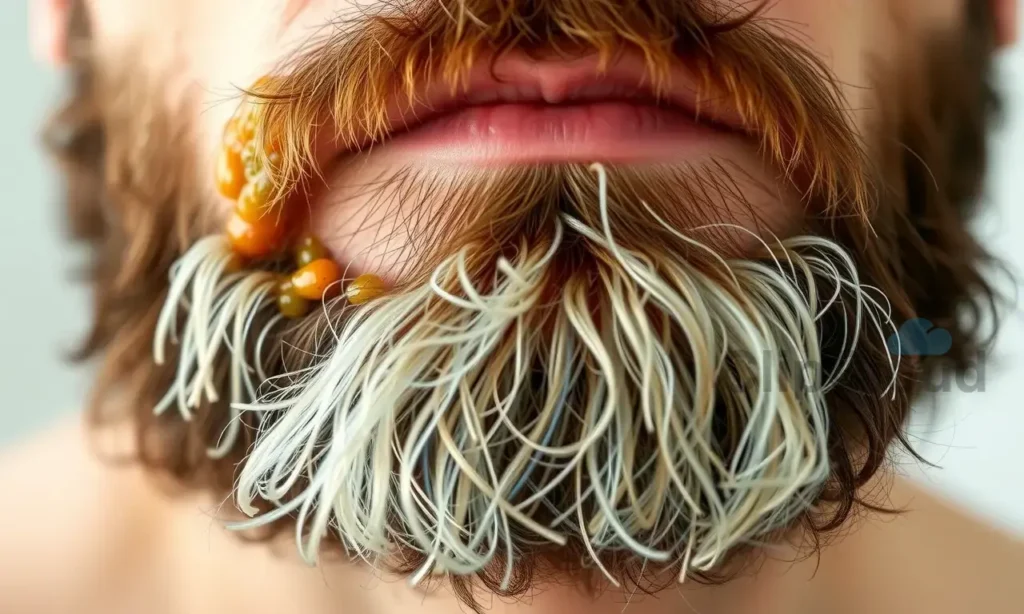 A close-up of a man's beard with visible signs of poor cleansing: oily residue, trapped food particles, and mild skin irritation under the hair, suggesting lingering odor despite washing with shampoo. Soft natural lighting, realistic skin and hair texture, no text or symbols.