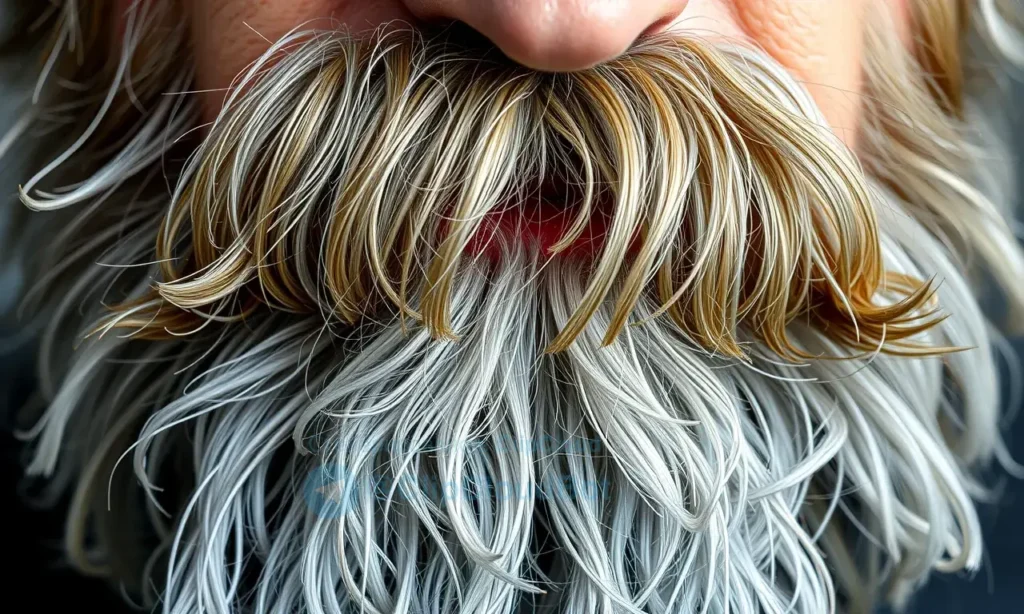 A close-up of a gray beard with subtle yellowish discoloration, shown in natural lighting. The beard should appear healthy and well-groomed, with soft textures and realistic skin tones. No text, logos, or artificial elements should be present.